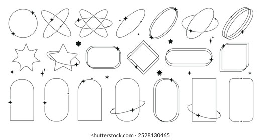 Modern minimalist  line elements, trendy linear frames with stars, arch frames, geometric shapes. Arched frames for poster design, decorative vector set in boho style. 