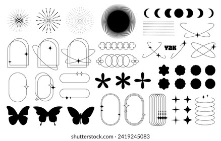 Modern minimalist line frames and elements in trendy retro style set. Y2k aesthetic simple flat design. Geometric arches, symmetric butterfly silhouettes, flowers. Vector frames in boho style.