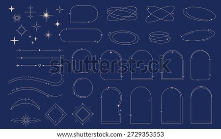 Modern minimalist line frames and star elements set, aesthetic geometric borders, arch frames, decorative dividers and abstract shapes, boho celestial vector elements isolated on dark background