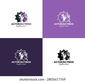 A modern minimalist logo combining actor and actress silhouettes in purple tones designed for profession branding and performing arts identity systems.