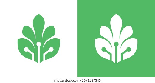 Logotipo minimalista moderno combinando elementos de placa de folha e circuito, simbolizando tecnologia verde, inovação, sustentabilidade e crescimento digital