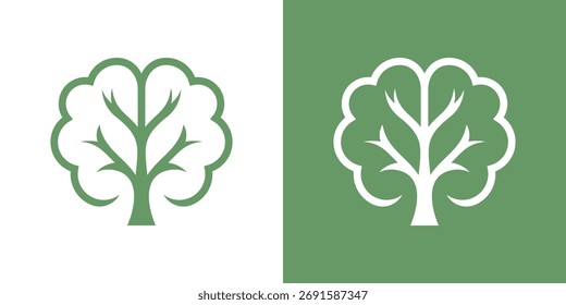 Logotipo minimalista moderno que combina la forma de un cerebro y un árbol, simbolizando el conocimiento, el crecimiento y la creatividad.