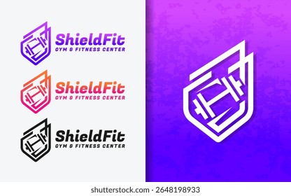 Modern minimalist logo combining shield and dumbbell, symbolizing strength and protection. Perfect for fitness brands, gym centers, and sports training businesses.