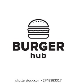 A modern and minimalist logo design for 'Burger Hub'. It features a black line art icon of a hamburger above the brand name on a white background.