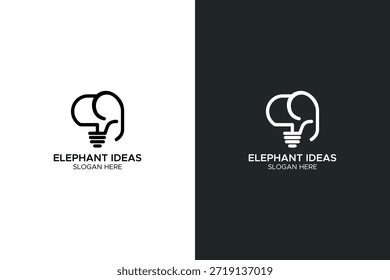 Design de logotipo minimalista moderno combinando a silhueta de uma cabeça de elefante com uma forma de lâmpada. Este emblema criativo 'Elephant Ideas' apresenta arte de linha limpa, profissional, representando sabedoria, inteligência e pensamento inovador. Perfeito para agências criativas, start-ups educacionais, empresas de consultoria e marcas de tecnologia. O conjunto inclui versões em preto e branco para uma marca versátil em qualquer fundo