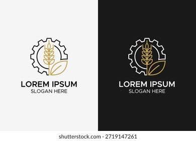 Modernes minimalistisches Logo-Design, das industrielle und landwirtschaftliche Symbole kombiniert, mit einem mechanischen Getriebe, das mit einem goldenen Weizenstiel und einem grünen Blatt integriert ist. Dieses "Agrotech"-Emblem steht für intelligente Landwirtschaft, Agrartechnologie und nachhaltige Nahrungsmittelproduktion. Ideal für landwirtschaftliche Maschinenbauunternehmen, Biotech-Startups und moderne landwirtschaftliche Genossenschaften. Das Set enthält sowohl schwarz-weiße Hintergrundvariationen für professionelles Branding
