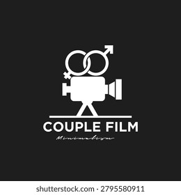 A modern minimalist logo design features a white vintage film camera on a tripod, surmounted by interlocking male and female gender symbols, set against a solid black background. This elegant graphic identity is ideal for wedding videographers, romantic film studios, relationship content creators, or any brand focusing on cinematic capture of couple moments.