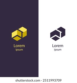 Diseño de logotipo minimalista moderno con forma hexagonal 3D en amarillo y púrpura oscuro. Adecuado para branding, identidad corporativa y tarjetas de visita.