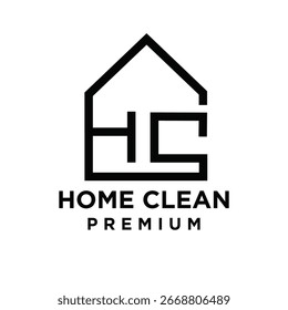 Un diseño de logotipo moderno y minimalista con un contorno de casa estilizado inteligentemente integrado con las letras iniciales HC, que representan "Home Clean". 
