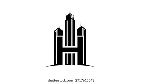 Un diseño de logotipo moderno y minimalista con tres rascacielos estilizados que forman la letra 'H'. El esquema blanco y negro monocromático le da un aspecto elegante y profesional. Ideal para empresas