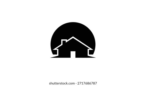 Diseño de logotipo moderno y minimalista con una silueta de casa negra sobre un fondo circular. Ideal para empresas inmobiliarias, firmas de arquitectura o negocios de construcción de viviendas. Limpio,