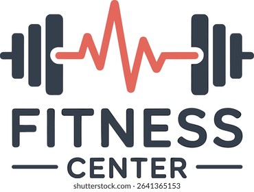 Modern and minimalist logo design for a fitness center.  Features a barbell icon combined with a heartbeat graphic, symbolizing strength and health.