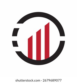 A modern, minimalist logo featuring a circular frame with three ascending red bars representing growth and progress.