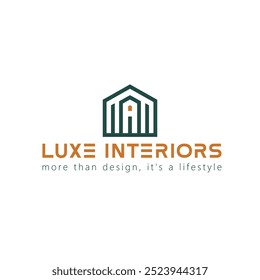 Modern minimalist logo featuring a home icon in green and gold. Ideal for interior design, real estate, or home decor businesses. Clean lines and bold typography convey luxury and sophistication.