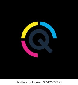 A modern and minimalist logo featuring the letter Q in a dark tone, encircled by three distinct colorful arcs in yellow, blue, and pink, set against a stark black background.