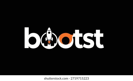 Ein modernes, minimalistisches Logo mit einer stilisierten Rakete, die in einem kreisförmigen Emblem nach oben startet, neben dem Wort "Boost" in fett weiß