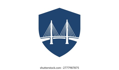 A modern, minimalist logo featuring a suspension bridge inside a shield emblem, symbolizing connection, progress, and stability.