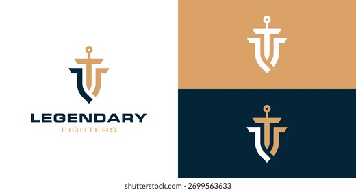 Logotipo minimalista moderno con una espada integrada en forma de escudo. Perfecto para juegos, deportes, defensa o marca heroica.