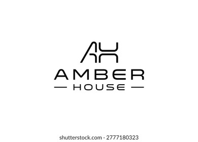 A modern and minimalist logo featuring the text 'Amber House' with a unique abstract symbol above.
