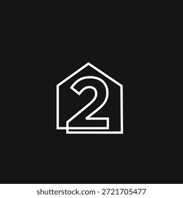 Logotipo minimalista moderno del número dos dentro del contorno de una casa, ideal para bienes raíces, propiedades o marca relacionada con el hogar.