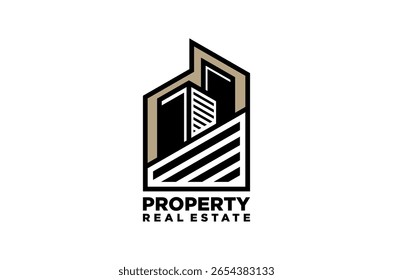 Modern minimalist logo for real estate.  Clean design featuring a stylized building icon.