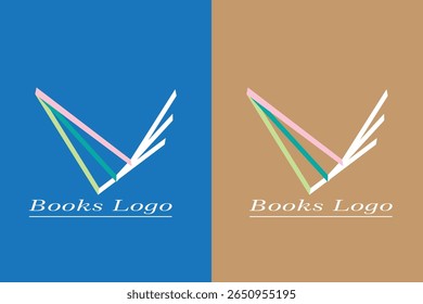 A modern, minimalist logo representing books or reading, the logo features an abstract V shaped design made of colorful angled lines, resembling the pages of an open book. Using soft pastel tones such