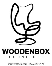 Modern minimalist logo vector design. Furniture store wooden box. Comfortable armchair drawn with one line.