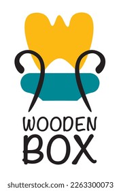 Modern minimalist logo vector design. Furniture store wooden box. Comfortable armchair draw.