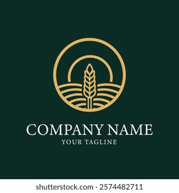 Modern minimalist logo with wheat icon in a gold circle on a dark green background. Elegant and professional design, suitable for agribusiness, organic farming, healthy food brands, or nature-based co