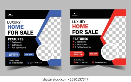 Modern, minimalist, luxury, elegant house for sale, social media post design template real estate company property sale promotion, renovation square banner.