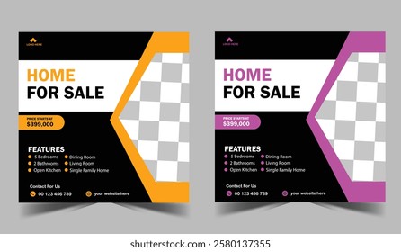Modern, minimalist, luxury, elegant house for sale, social media post design template real estate company property sale promotion, renovation square banner.