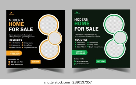Modern, minimalist, luxury, elegant house for sale, social media post design template real estate company property sale promotion, renovation square banner.