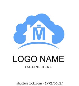 Modern Minimalist M Initial Letter Home Cloud Logo Design Template. Real Estate, Building, Mortgage, Cyberspace, Database Storage Business Logo