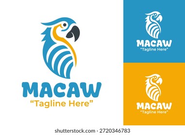 A modern minimalist macaw logo created for wildlife brands and colorful bird identity systems.