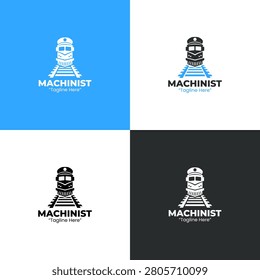 A modern minimalist machinist logo combining train and track elements in blue shades designed for profession branding and transportation identity systems.
