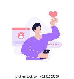 Modern minimalist man global communication social network use smartphone vector flat illustration. Male internet user scrolling web app multimedia entertainment content like evaluation photo video