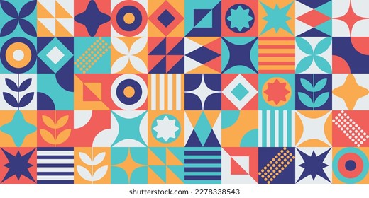 Modern minimalist mid century colorful neo geometric bauhaus style memphis seamless pattern neo geo editable abstract vector illustration. Made with simple geometric shapes, contemporary, 70s, vintage