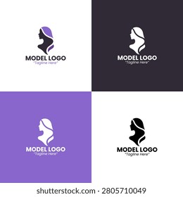 A modern minimalist model logo featuring a beautiful female face in light and dark purple tones developed for profession branding and fashion industry identity.