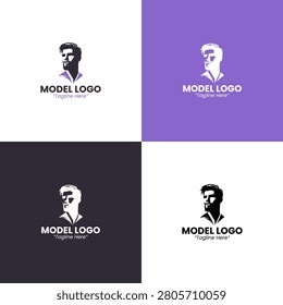 A modern minimalist model logo featuring a stylish male face in light and dark purple shades crafted for profession branding and fashion identity systems.