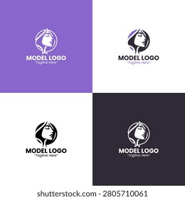 A modern minimalist model logo featuring a beautiful female face in purple tones designed for profession branding and fashion identity applications.