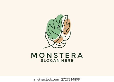 Logotipo minimalista moderno de la hoja de Monstera con las Formas orgánicas Abstractas y el arte de la línea
