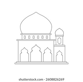 Modern Minimalist Mosque Outline with Domes and Minarets for Islamic Backgrounds and Themes.