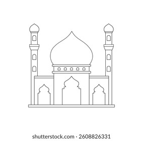 Modern Minimalist Mosque Outline with Domes and Minarets for Islamic Backgrounds and Themes.