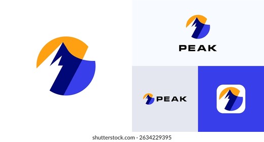 Modern minimalist mountain peak with sun, logo icon design vector, Creative symbol emblem summit sign stylized blue tones with yellow circle for adventure explore, brand identity and business company
