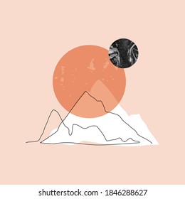 Modern minimalist mountain, sun, moon background for wall paper, poster, cover, T-shirt design. Abstract landscape, flat line art background. Simple nature illustration. Vector sunset, sunrise concept