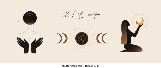 Modern minimalist mystical astrology aesthetic illustration. Beautiful bohemian print set. Collection of contemporary artistic posters. 