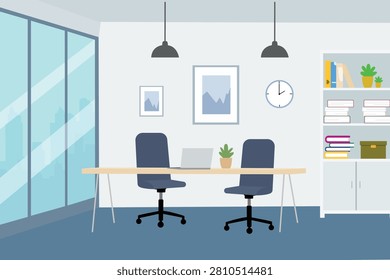Modern minimalist office interior with two chairs, long wooden desk, glass windows and wall clock, perfect for corporate workspace illustration, business background, and office decor design.
