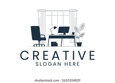 Modern minimalist office workspace with desk chair and plant. Ideal for business or home