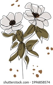 Modern minimalist one line drawing of magnolia flower and abstract colored shapes.
