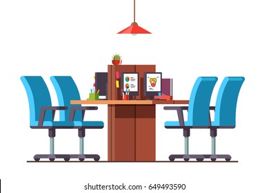 Modern minimalist open space office interior design with combined desks, desktop pc, chairs. Business company room decoration & furniture. Flat style vector illustration isolated on white background.